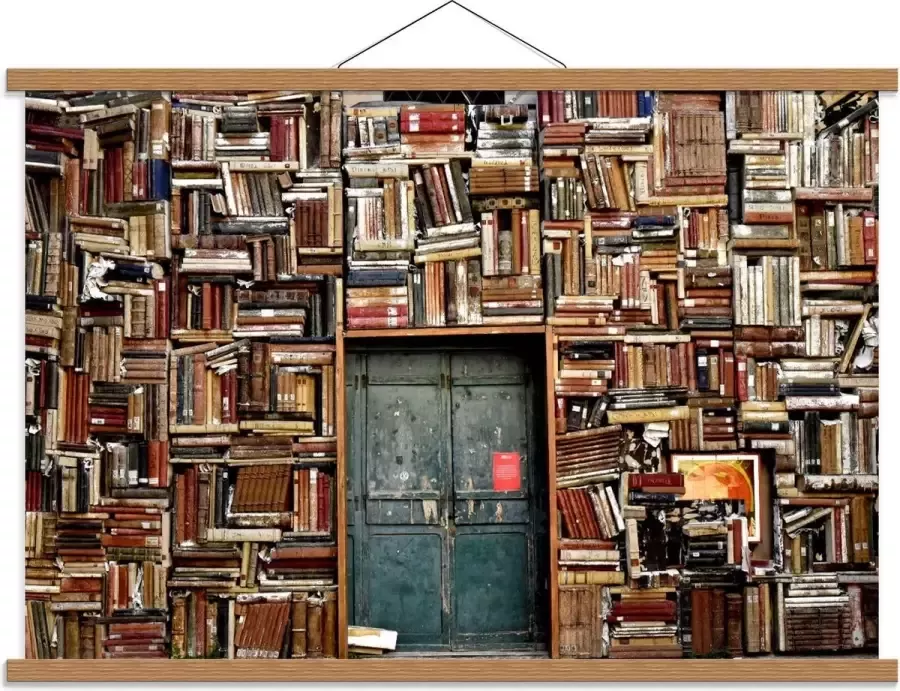 KuijsFotoprint Schoolplaat – Overvolle Boekenkast met Deur in het Midden 90x60cm Foto op Textielposter (Wanddecoratie op Schoolplaat)