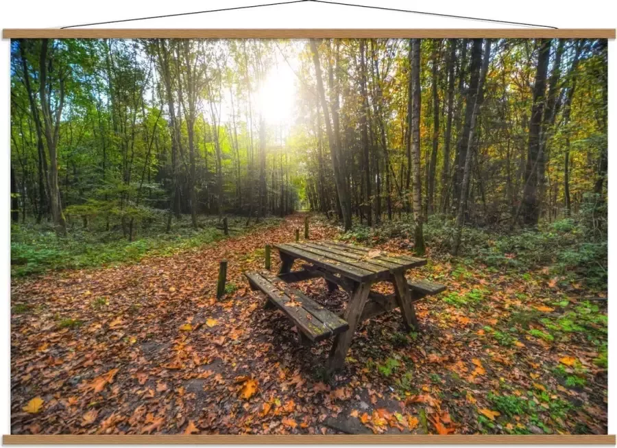 KuijsFotoprint Schoolplaat – Picknicktafel in het Bos 150x100cm Foto op Textielposter (Wanddecoratie op Schoolplaat)