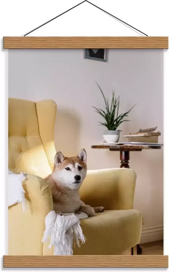 KuijsFotoprint Schoolplaat – Shiba inu Hond op Gele Stoel 30x40cm Foto op Textielposter (Wanddecoratie op Schoolplaat)