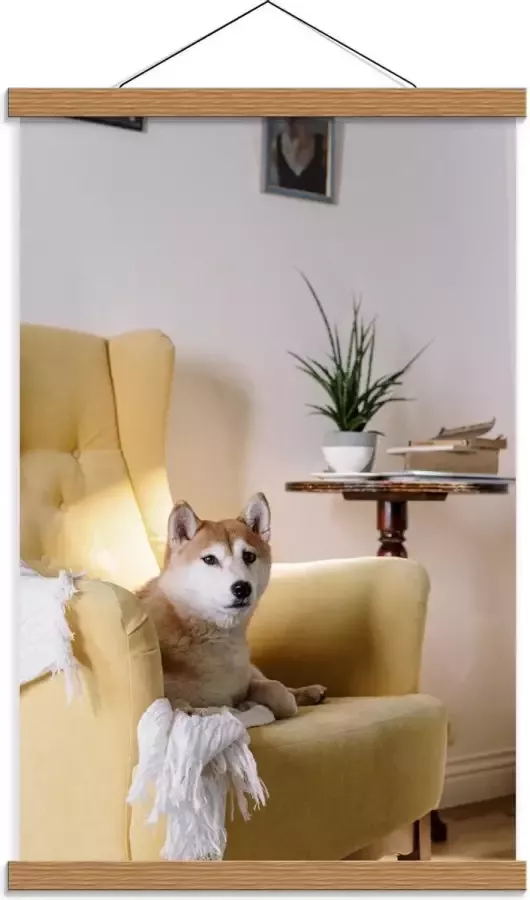 KuijsFotoprint Schoolplaat – Shiba inu Hond op Gele Stoel 40x60cm Foto op Textielposter (Wanddecoratie op Schoolplaat)