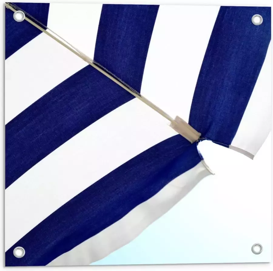 KuijsFotoprint Tuinposter – Blauw Witte Parasol 50x50cm Foto op Tuinposter (wanddecoratie voor buiten en binnen)