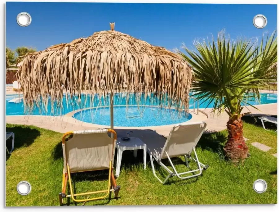 KuijsFotoprint Tuinposter – Lig Bedden onder Parasol aan Zwembad 40x30cm Foto op Tuinposter (wanddecoratie voor buiten en binnen)