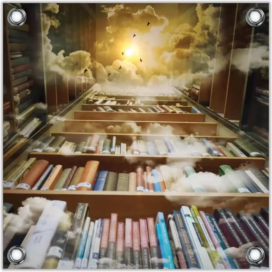 KuijsFotoprint Tuinposter –Omringde Boekenkasten met uitzicht omhoog– 50x50 Foto op Tuinposter (wanddecoratie voor buiten en binnen)