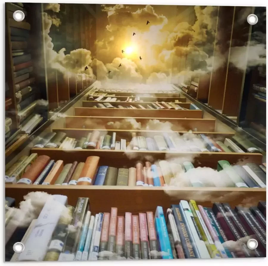 KuijsFotoprint Tuinposter – Omringde Boekenkasten met Uitzicht omhoog 50x50cm Foto op Tuinposter (wanddecoratie voor buiten en binnen)