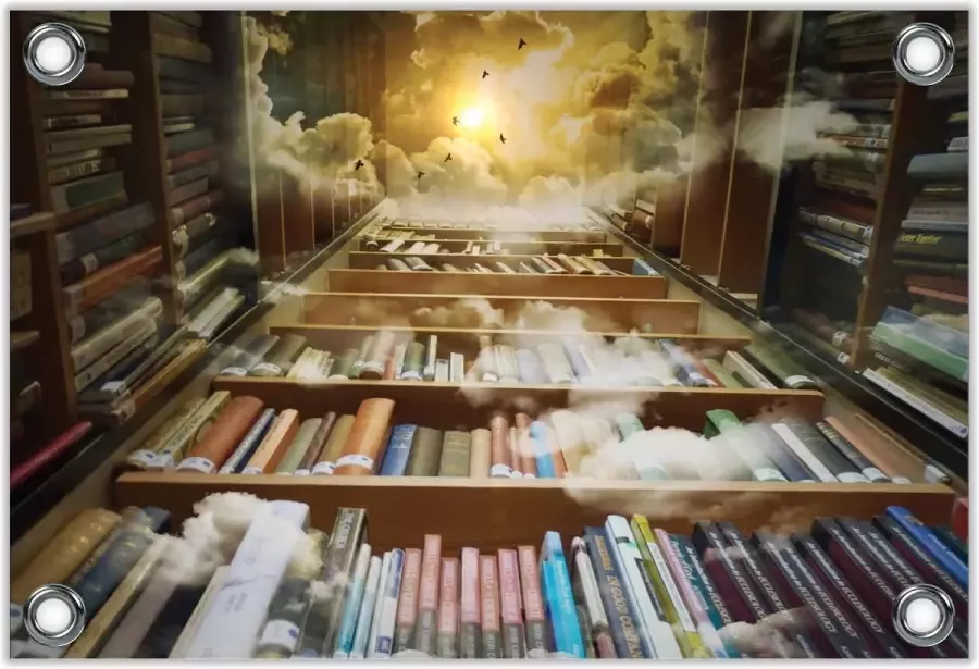 KuijsFotoprint Tuinposter –Omringde Boekenkasten met uitzicht omhoog– 60x40 Foto op Tuinposter (wanddecoratie voor buiten en binnen)