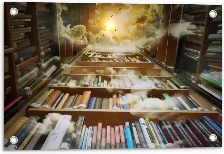 KuijsFotoprint Tuinposter – Omringde Boekenkasten met Uitzicht omhoog 60x40cm Foto op Tuinposter (wanddecoratie voor buiten en binnen)