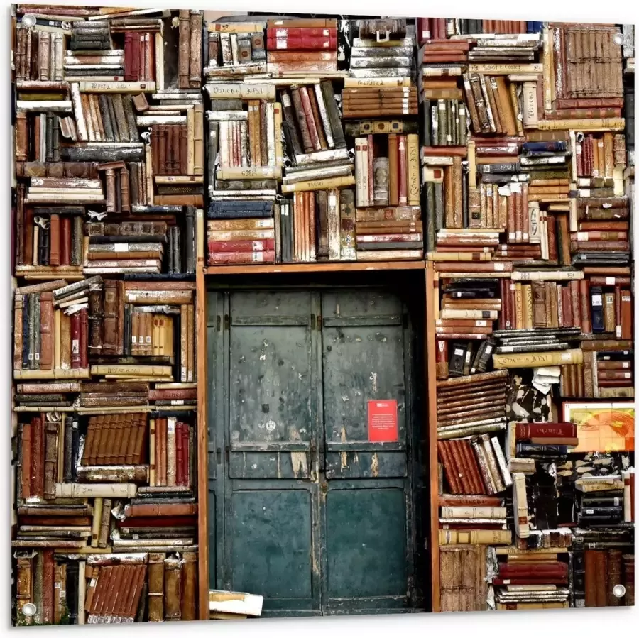 KuijsFotoprint Tuinposter – Overvolle Boekenkast met Deur in het Midden 100x100cm Foto op Tuinposter (wanddecoratie voor buiten en binnen)