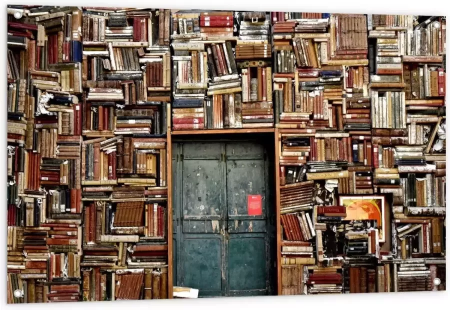 KuijsFotoprint Tuinposter – Overvolle Boekenkast met Deur in het Midden 120x80cm Foto op Tuinposter (wanddecoratie voor buiten en binnen)