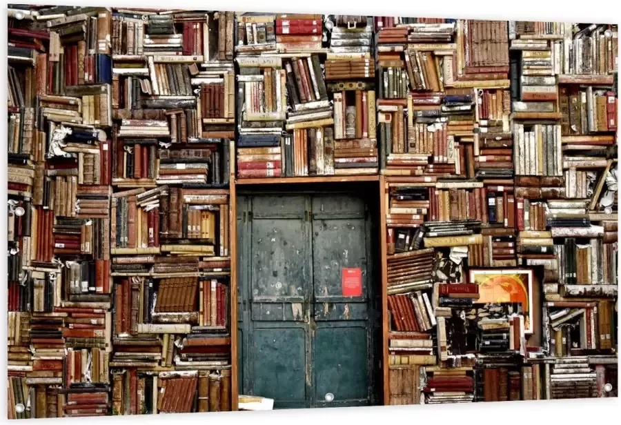 KuijsFotoprint Tuinposter – Overvolle Boekenkast met Deur in het Midden 150x100cm Foto op Tuinposter (wanddecoratie voor buiten en binnen)