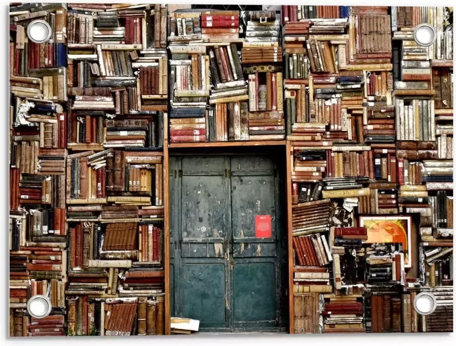 KuijsFotoprint Tuinposter – Overvolle Boekenkast met Deur in het Midden 40x30cm Foto op Tuinposter (wanddecoratie voor buiten en binnen)