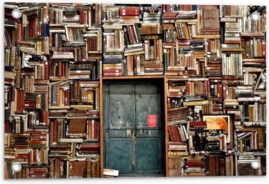 KuijsFotoprint Tuinposter – Overvolle Boekenkast met Deur in het Midden 60x40cm Foto op Tuinposter (wanddecoratie voor buiten en binnen)