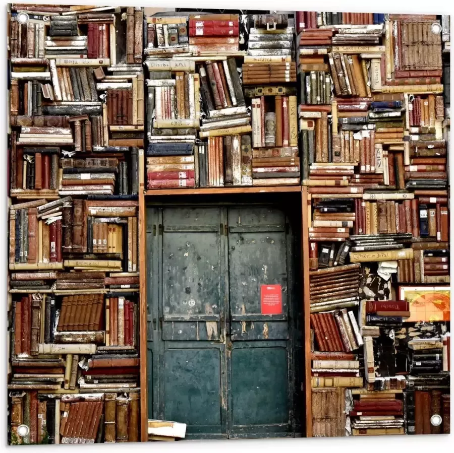 KuijsFotoprint Tuinposter – Overvolle Boekenkast met Deur in het Midden 80x80cm Foto op Tuinposter (wanddecoratie voor buiten en binnen)
