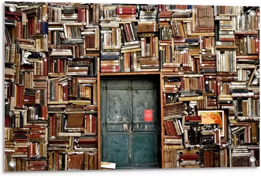KuijsFotoprint Tuinposter – Overvolle Boekenkast met Deur in het Midden 90x60cm Foto op Tuinposter (wanddecoratie voor buiten en binnen)