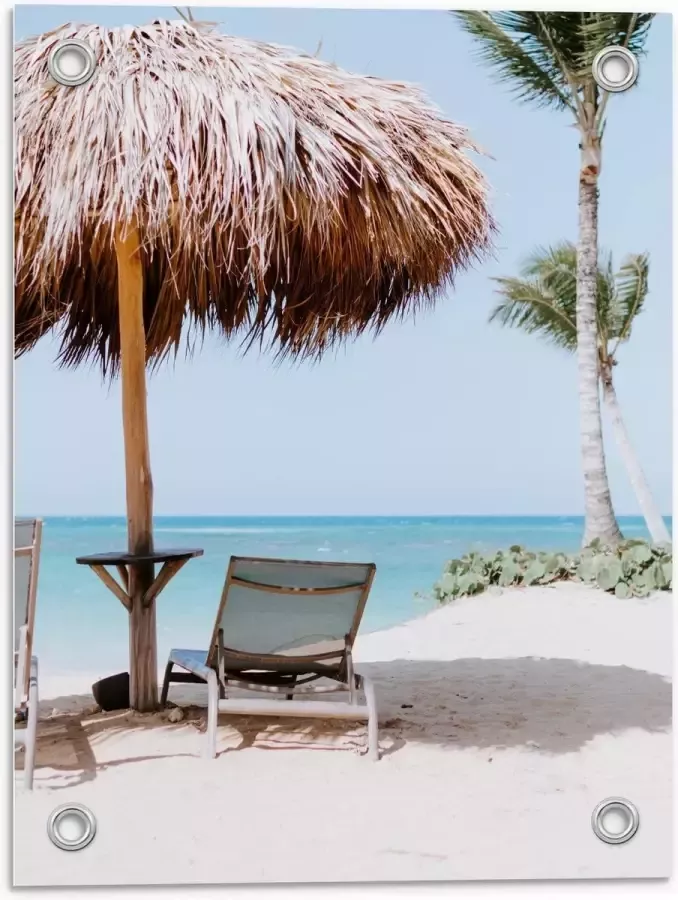 KuijsFotoprint Tuinposter – Parasol met Ligbed op Strand 30x40cm Foto op Tuinposter (wanddecoratie voor buiten en binnen)