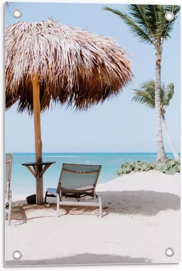 KuijsFotoprint Tuinposter – Parasol met Ligbed op Strand 40x60cm Foto op Tuinposter (wanddecoratie voor buiten en binnen)