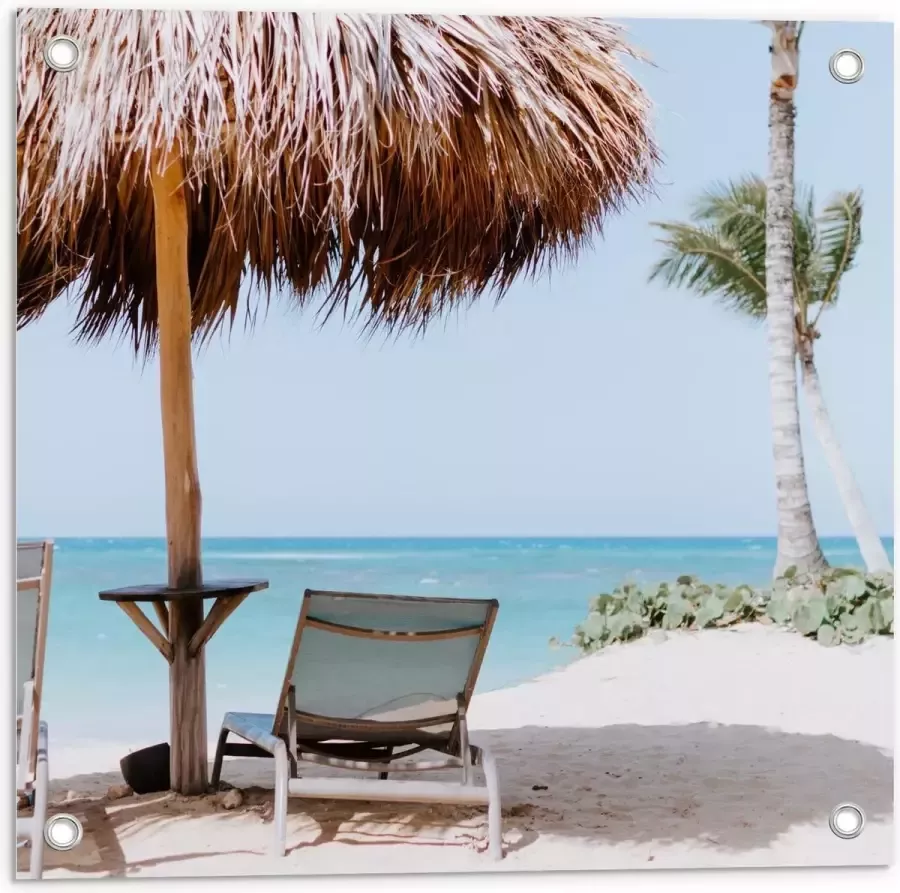 KuijsFotoprint Tuinposter – Parasol met Ligbed op Strand 50x50cm Foto op Tuinposter (wanddecoratie voor buiten en binnen)