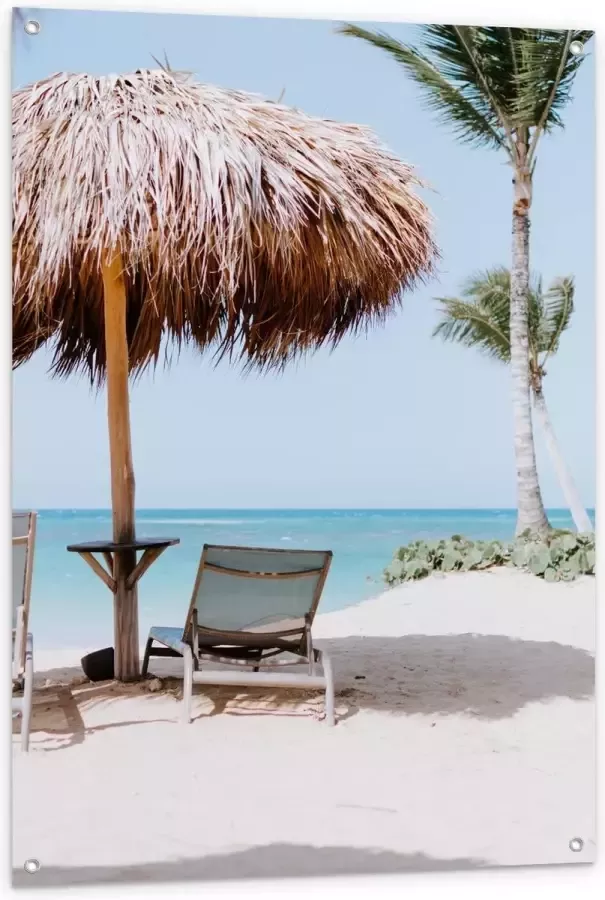 KuijsFotoprint Tuinposter – Parasol met Ligbed op Strand 80x120cm Foto op Tuinposter (wanddecoratie voor buiten en binnen)