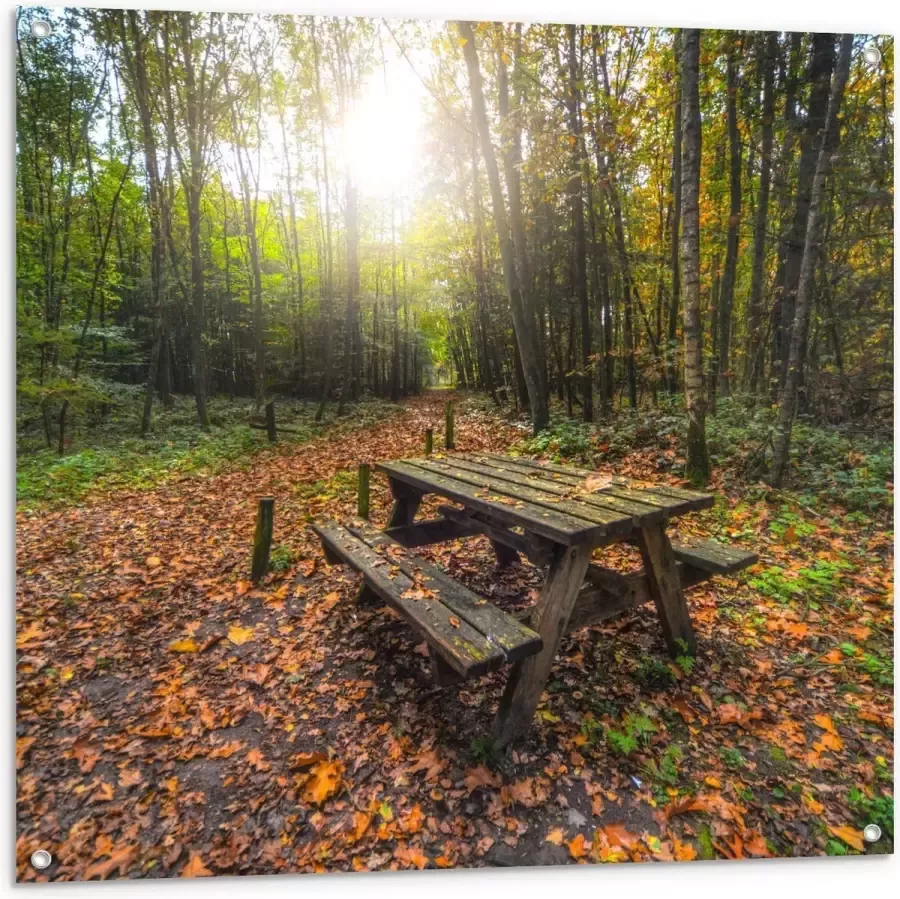 KuijsFotoprint Tuinposter – Picknicktafel in het Bos 100x100cm Foto op Tuinposter (wanddecoratie voor buiten en binnen)