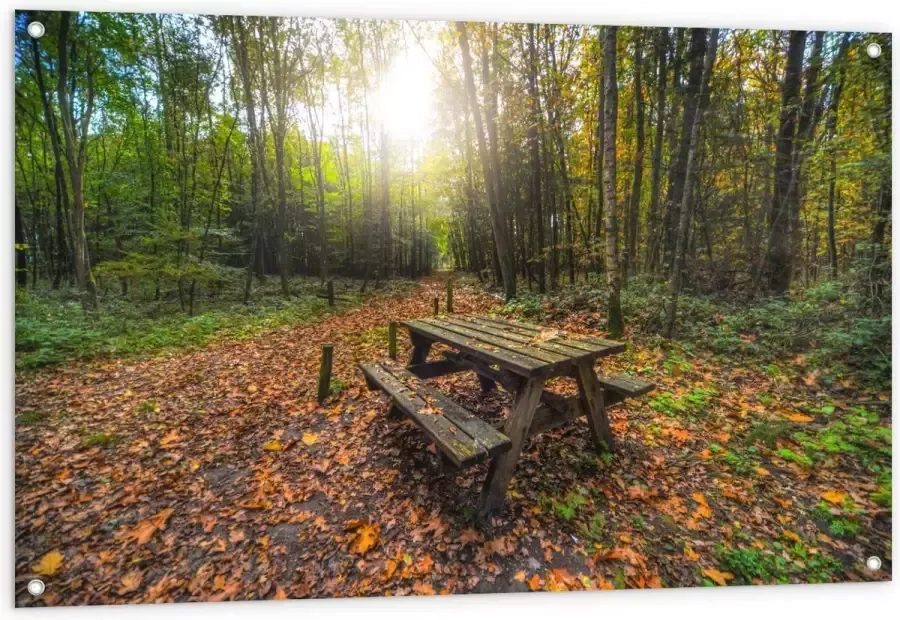 KuijsFotoprint Tuinposter – Picknicktafel in het Bos 120x80cm Foto op Tuinposter (wanddecoratie voor buiten en binnen)