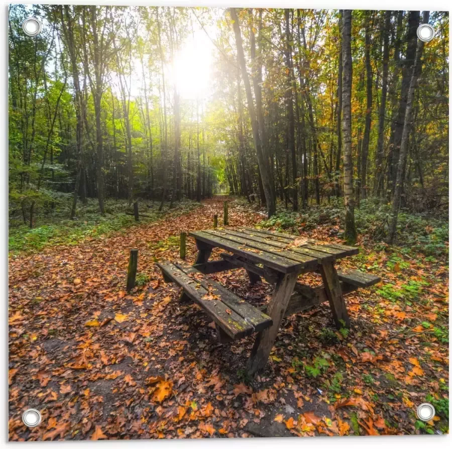 KuijsFotoprint Tuinposter – Picknicktafel in het Bos 50x50cm Foto op Tuinposter (wanddecoratie voor buiten en binnen)