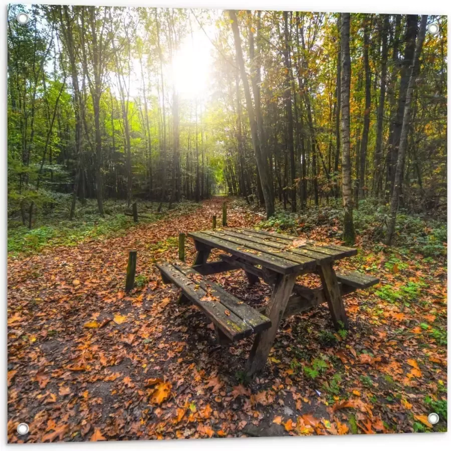 KuijsFotoprint Tuinposter – Picknicktafel in het Bos 80x80cm Foto op Tuinposter (wanddecoratie voor buiten en binnen)