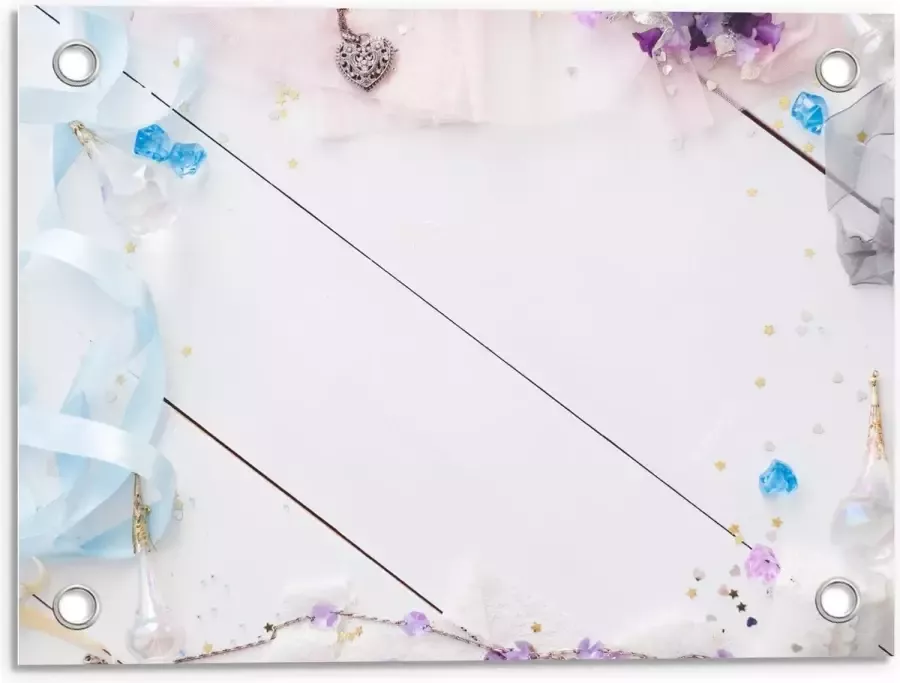 KuijsFotoprint Tuinposter – Witte Tafel met Lintjes en Spullen 40x30cm Foto op Tuinposter (wanddecoratie voor buiten en binnen)