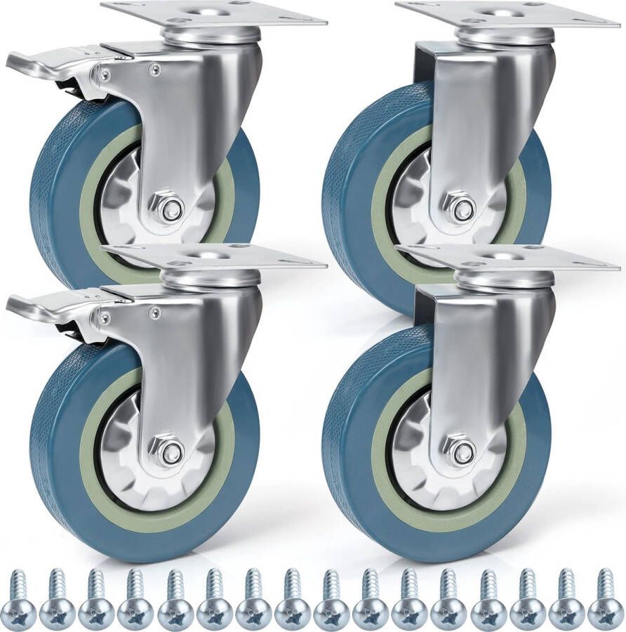 Kurtzy Zware Kwaliteit Zwenkwielen (4 Pak) – 100 mm Zwenkwielen met Rubberen Banden Schroeven Klem Remmen en Metalen Platen – Maximale Belasting 280 Kg. – Voor Trolleys Meubels en Werkbanken