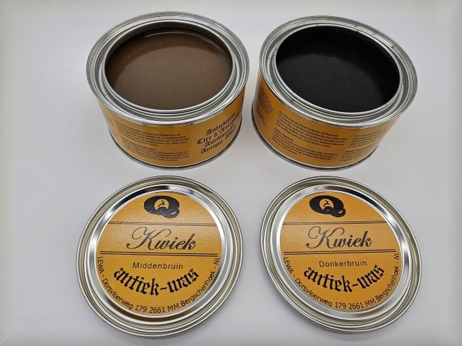 Kwiek 2 blikken antiekwas DONKERBRUIN + MIDDENBRUIN de echte onderhoudswas volgens oudhollands recept 375 ml per blik makkelijk in gebruik meubel antiek meubelwas bijenwas boenwas terpentijnwas De Enige Echte was