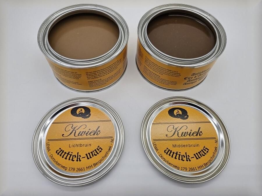 Kwiek 2 blikken antiekwas LICHTBRUIN + MIDDENBRUIN de echte onderhoudswas volgens oudhollands recept 375 ml per blik makkelijk in gebruik meubel antiek meubelwas bijenwas boenwas terpentijnwas De Enige Echte was
