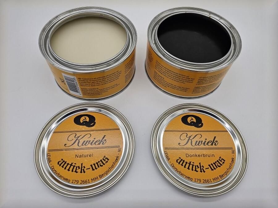 Kwiek 2 blikken antiekwas NATUREL + DONKERBRUIN de echte onderhoudswas volgens oudhollands recept 375 ml per blik makkelijk in gebruik meubel antiek meubelwas bijenwas boenwas terpentijnwas De Enige Echte was