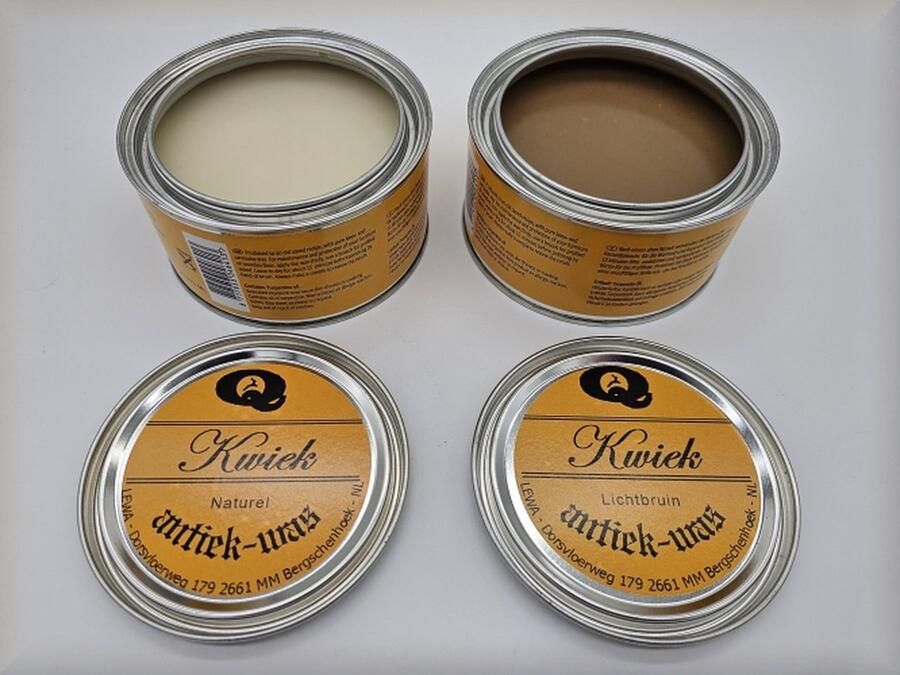 Kwiek 2 blikken antiekwas NATUREL + LICHTBRUIN de echte onderhoudswas volgens oudhollands recept 375 ml per blik makkelijk in gebruik meubel antiek meubelwas bijenwas boenwas terpentijnwas De Enige Echte was