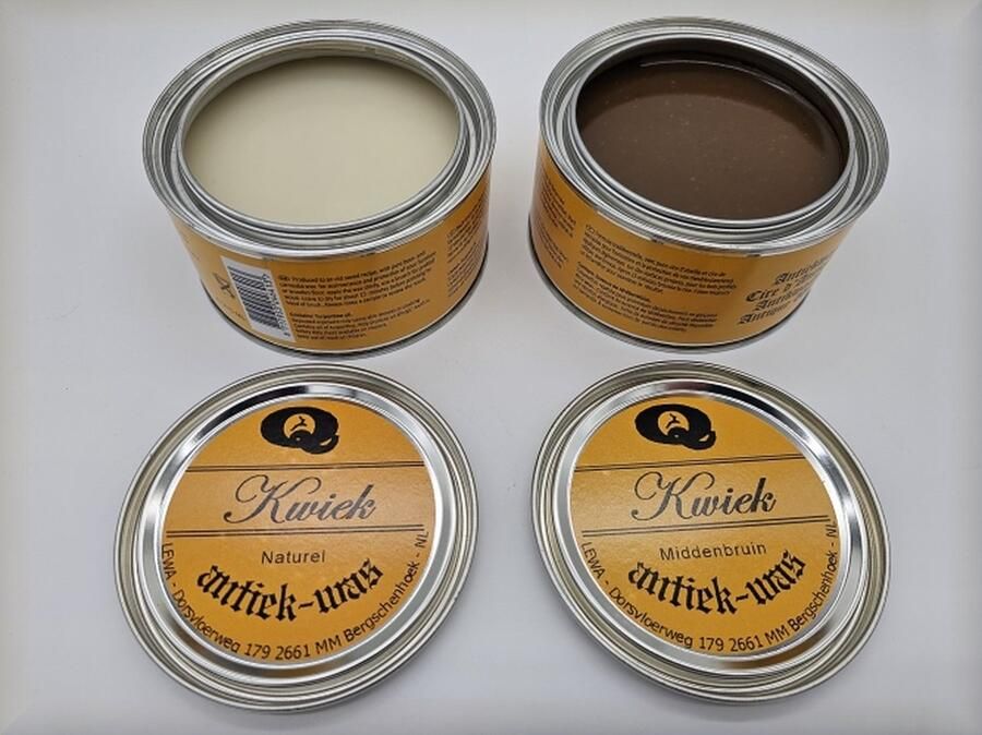 Kwiek 2 blikken antiekwas NATUREL + MIDDENBRUIN de echte onderhoudswas volgens oudhollands recept 375 ml per blik makkelijk in gebruik meubel antiek meubelwas bijenwas boenwas terpentijnwas De Enige Echte was