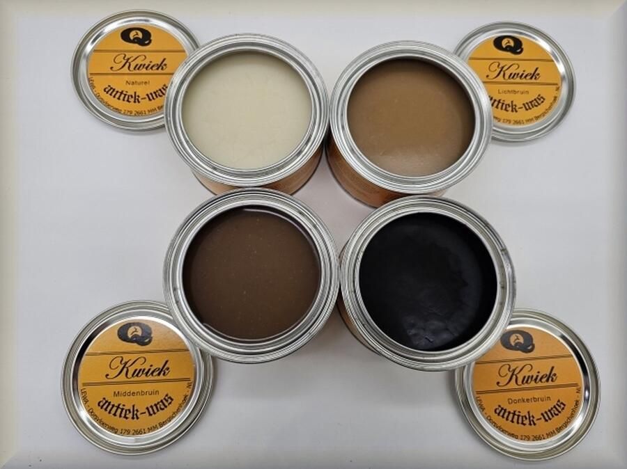 Kwiek 4 blikken antiekwas kleuren NATUREL + LICHT- + MIDDEN- + DONKERBRUIN de echte onderhoudswas volgens oudhollands recept 375 ml per blik makkelijk in gebruik meubelwas bijenwas boenwas terpentijnwas De Enige Echte was