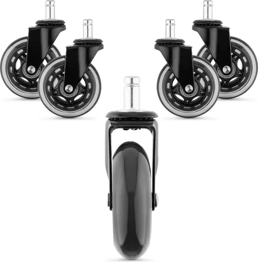 Kwmobile 5x bureaustoelwieltjes 10 mm 75 mm Zwenkwielen voor meubels Set van 5 Vervangende wieltjes 360° draaibaar Zwart Transparant