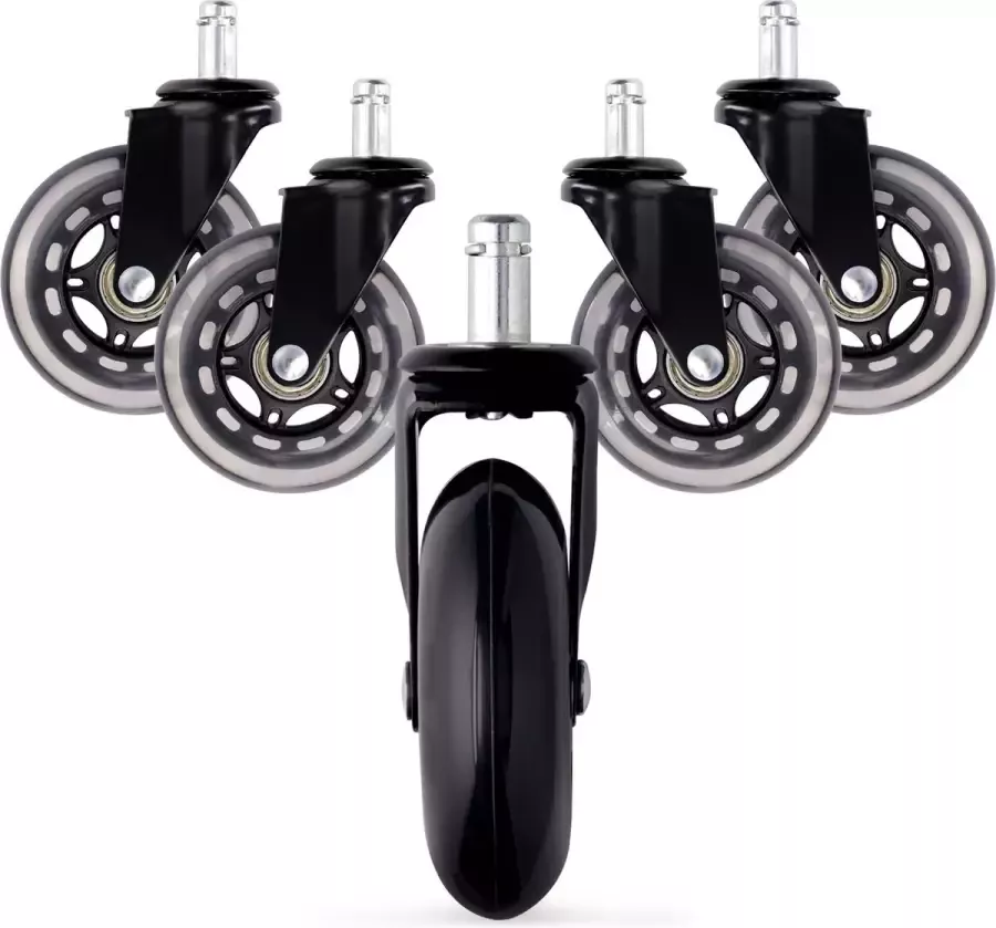 Kwmobile 5x bureaustoelwieltjes 11 mm 75 mm Zwenkwielen voor meubels Set van 5 Vervangende wieltjes 360° draaibaar Zwart Transparant