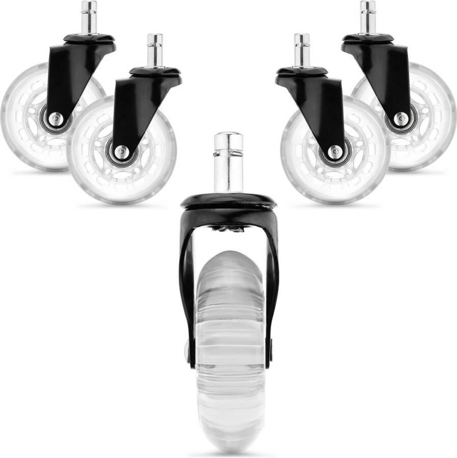 Kwmobile 5x bureaustoelwieltjes Zwenkwielen voor meubels Set van 5 11 mm 75 mm Vervangende wieltjes 360° draaibaar Transparant