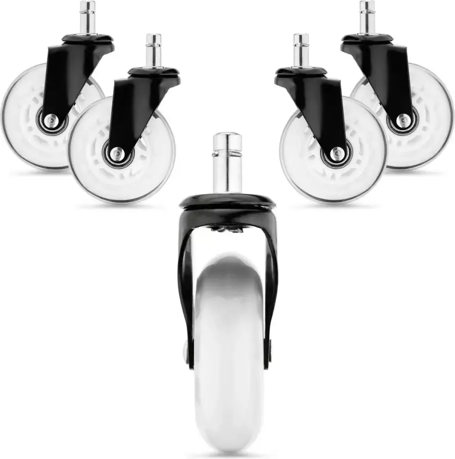 Kwmobile 5x bureaustoelwieltjes Zwenkwielen voor meubels Set van 5 11 mm 75 mm Vervangende wieltjes 360° draaibaar Wit Transparant