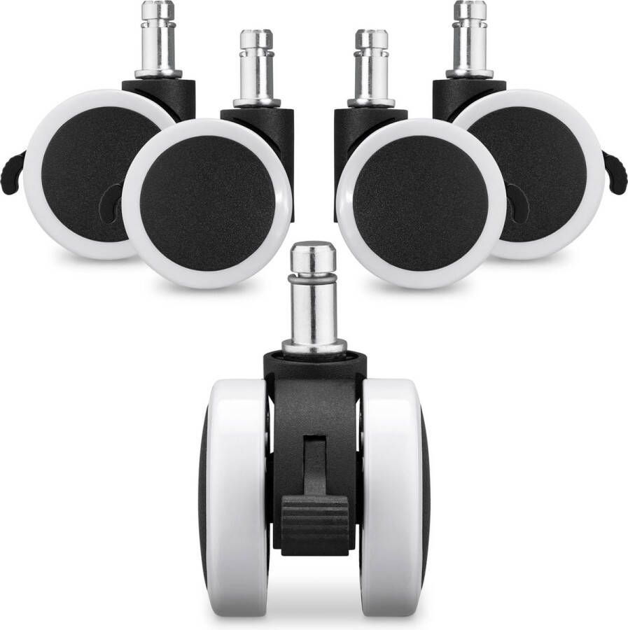 Kwmobile set van 5 bureaustoelwieltjes Zwenkwielen voor kantoorstoelen 11 22 mm Vervangende wieltjes met rem 360° draaibaar Zwart wit