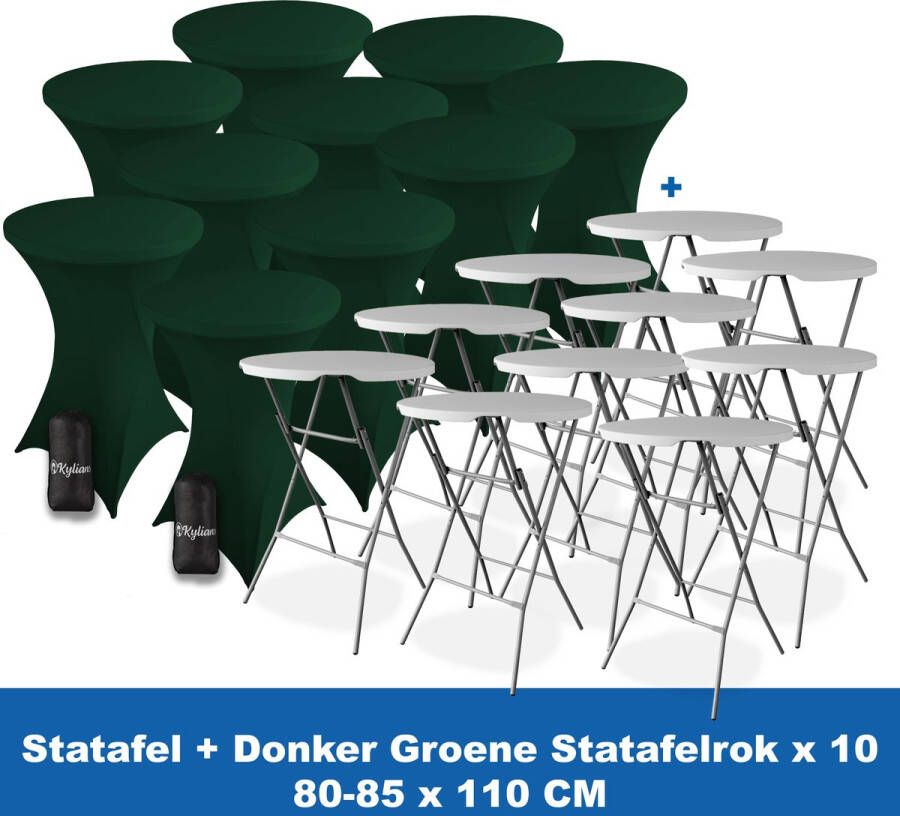 Kylians Statafel x 10 + Statafelrok Donker Groen x 10 ∅ 80-85 x 110 cm – Statafels Inklapbaar – Robuust + Weerbestendige Cocktailtafel + Stretch Hoes Tafelrok – Makkelijk op te bergen Inklapbare Partytafel – Evenement en Feest Tafel