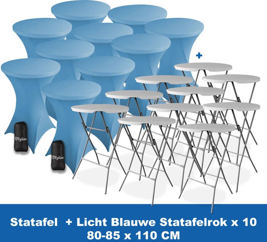 Kylians Statafel x 10 + Statafelrok Licht Blauw x 10 ∅ 80-85 x 110 cm – Statafels Inklapbaar – Robuust + Weerbestendige Cocktailtafel + Stretch Hoes Tafelrok – Makkelijk op te bergen Inklapbare Partytafel – Evenement en Feest Tafel