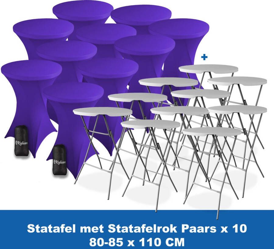Kylians Statafel x 10 + Statafelrok Paars x 10 ∅ 80-85 x 110 cm – Statafels Inklapbaar – Robuust + Weerbestendige Cocktailtafel + Stretch Hoes Tafelrok – Makkelijk op te bergen Inklapbare Partytafel – Evenement en Feest Tafel