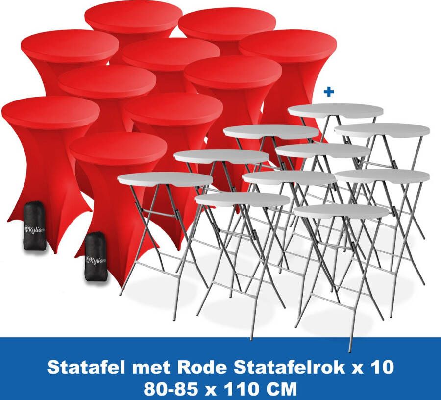 Kylians Statafel x 10 + Statafelrok Rood x 10 ∅ 80-85 x 110 cm – Statafels Inklapbaar – Robuust + Weerbestendige Cocktailtafel + Stretch Hoes Tafelrok – Makkelijk op te bergen Inklapbare Partytafel – Evenement en Feest Tafel
