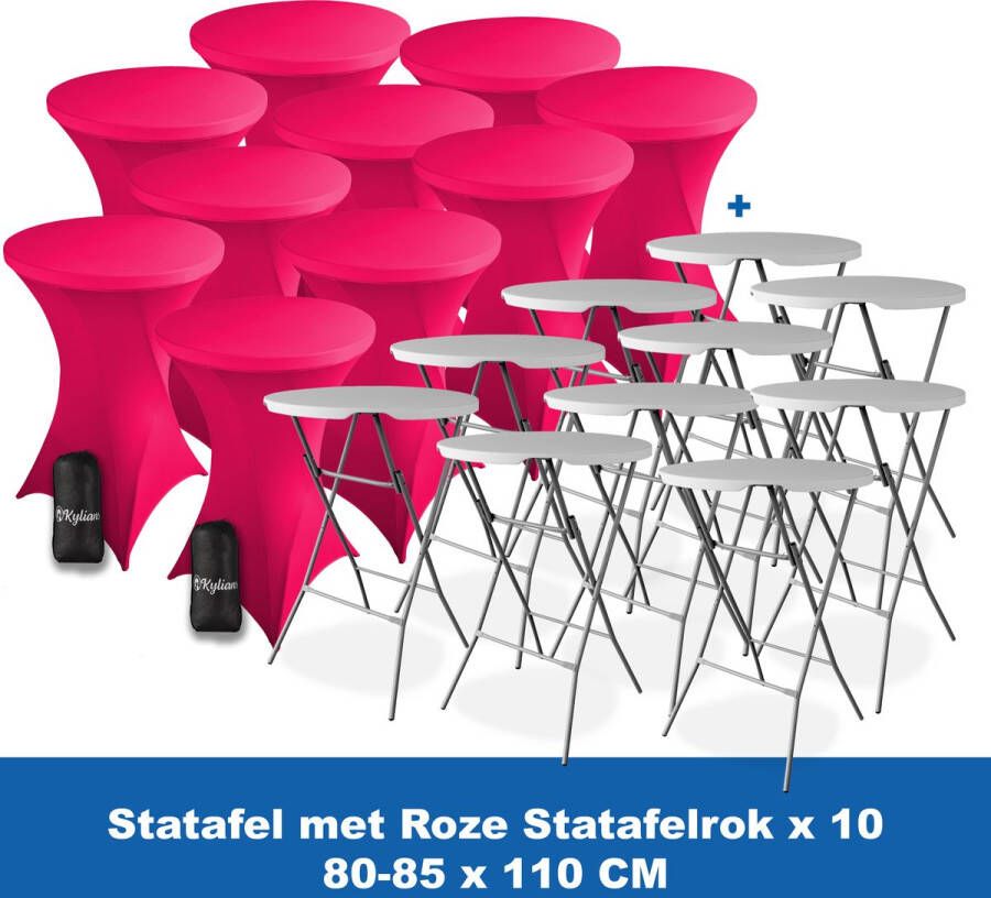Kylians Statafel x 10 + Statafelrok Roze x 10 ∅ 80-85 x 110 cm – Statafels Inklapbaar – Robuust + Weerbestendige Cocktailtafel + Stretch Hoes Tafelrok – Makkelijk op te bergen Inklapbare Partytafel – Evenement en Feest Tafel