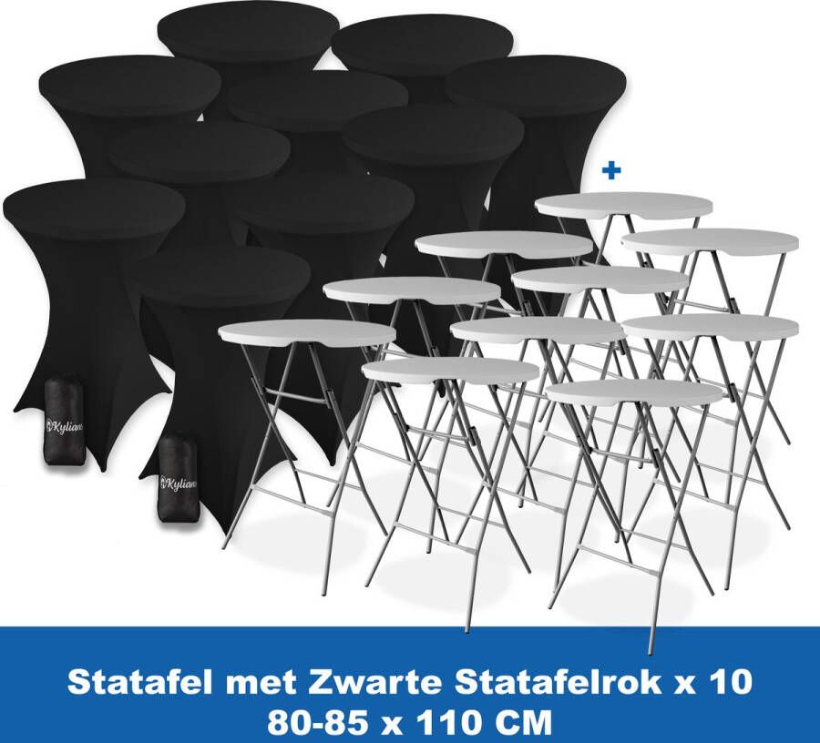 Kylians Statafel x 10 + Statafelrok Zwart x 10 ∅ 80-85 x 110 cm – Statafels Inklapbaar – Robuust + Weerbestendige Cocktailtafel + Stretch Hoes Tafelrok – Makkelijk op te bergen Inklapbare Partytafel – Evenement en Feest Tafel
