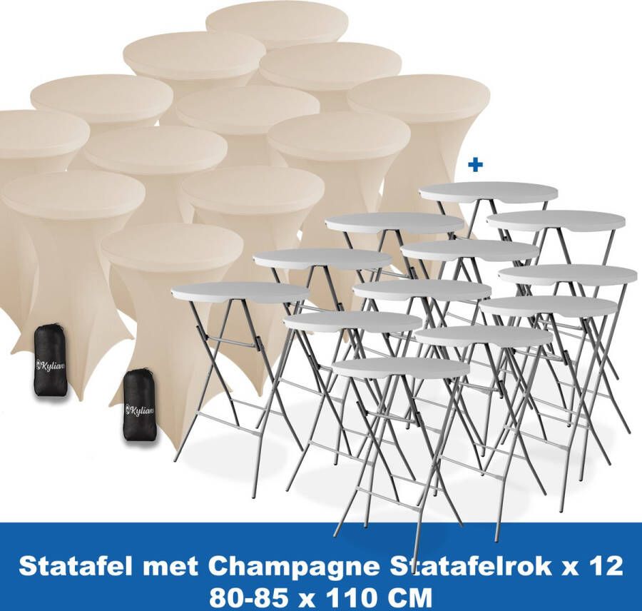 Kylians Statafel x 12 + Statafelrok Champagne x 12 ∅ 80-85 x 110 cm – Statafels Inklapbaar – Robuust + Weerbestendige Cocktailtafel + Stretch Hoes Tafelrok – Makkelijk op te bergen Inklapbare Partytafel – Evenement en Feest Tafel