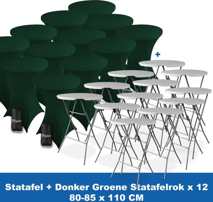 Kylians Statafel x 12 + Statafelrok Donker Groen x 12 ∅ 80-85 x 110 cm – Statafels Inklapbaar – Robuust + Weerbestendige Cocktailtafel + Stretch Hoes Tafelrok – Makkelijk op te bergen Inklapbare Partytafel – Evenement en Feest Tafel