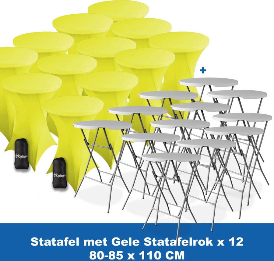 Kylians Statafel x 12 + Statafelrok Geel x 12 ∅ 80-85 x 110 cm – Statafels Inklapbaar – Robuust + Weerbestendige Cocktailtafel + Stretch Hoes Tafelrok – Makkelijk op te bergen Inklapbare Partytafel – Evenement en Feest Tafel