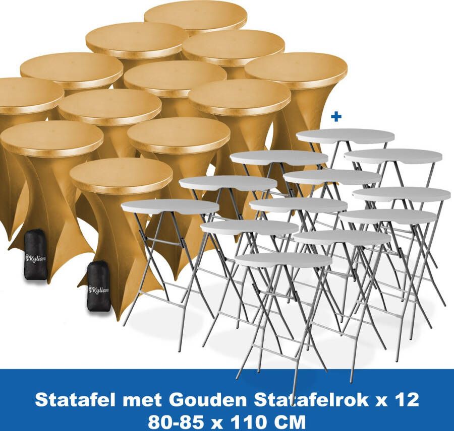 Kylians Statafel x 12 + Statafelrok Goud x 12 ∅ 80-85 x 110 cm – Statafels Inklapbaar – Robuust + Weerbestendige Cocktailtafel + Stretch Hoes Tafelrok – Makkelijk op te bergen Inklapbare Partytafel – Evenement en Feest Tafel
