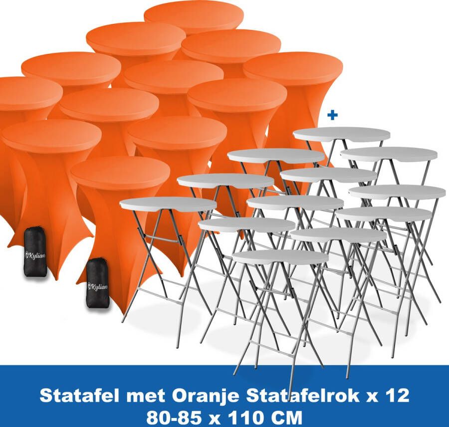 Kylians Statafel x 12 + Statafelrok Oranje x 12 ∅ 80-85 x 110 cm – Statafels Inklapbaar – Robuust + Weerbestendige Cocktailtafel + Stretch Hoes Tafelrok – Makkelijk op te bergen Inklapbare Partytafel – Evenement en Feest Tafel