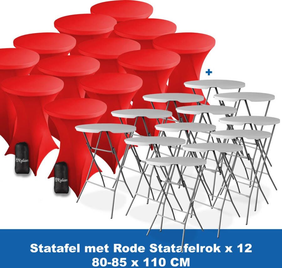 Kylians Statafel x 12 + Statafelrok Rood x 12 ∅ 80-85 x 110 cm – Statafels Inklapbaar – Robuust + Weerbestendige Cocktailtafel + Stretch Hoes Tafelrok – Makkelijk op te bergen Inklapbare Partytafel – Evenement en Feest Tafel